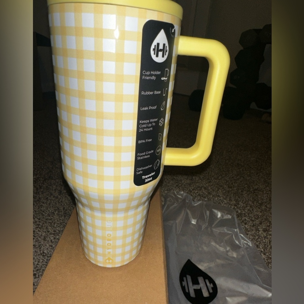 HydroJug Yellow Gingham Insulated Water Mug with Handle